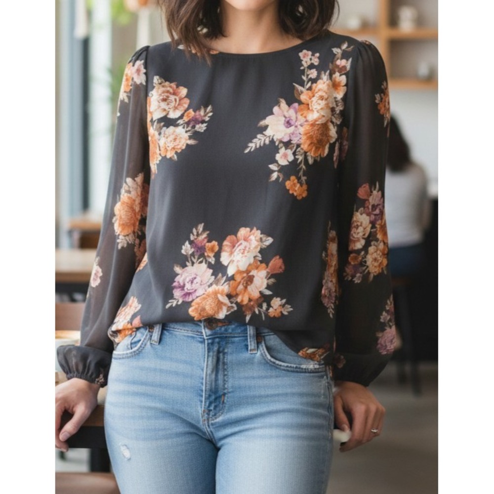 SHEIN Womens Floral Sheer Blouse Black Orange Rose Balloon Sleeve swblouse072011